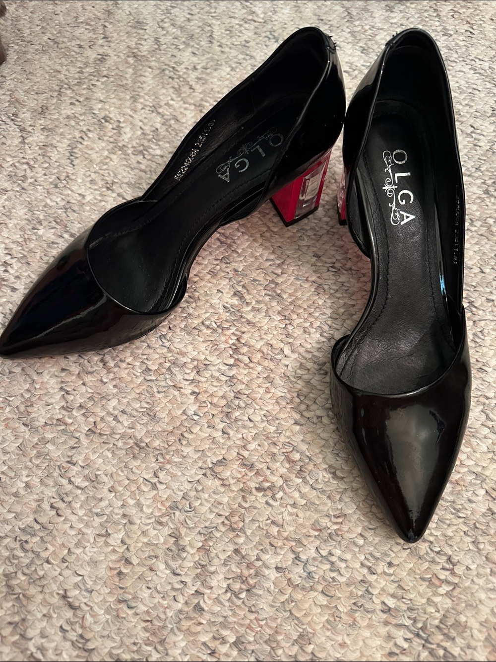 OLGA Black Patent Pointed Toe Pumps with Red Block Heel excellent condition